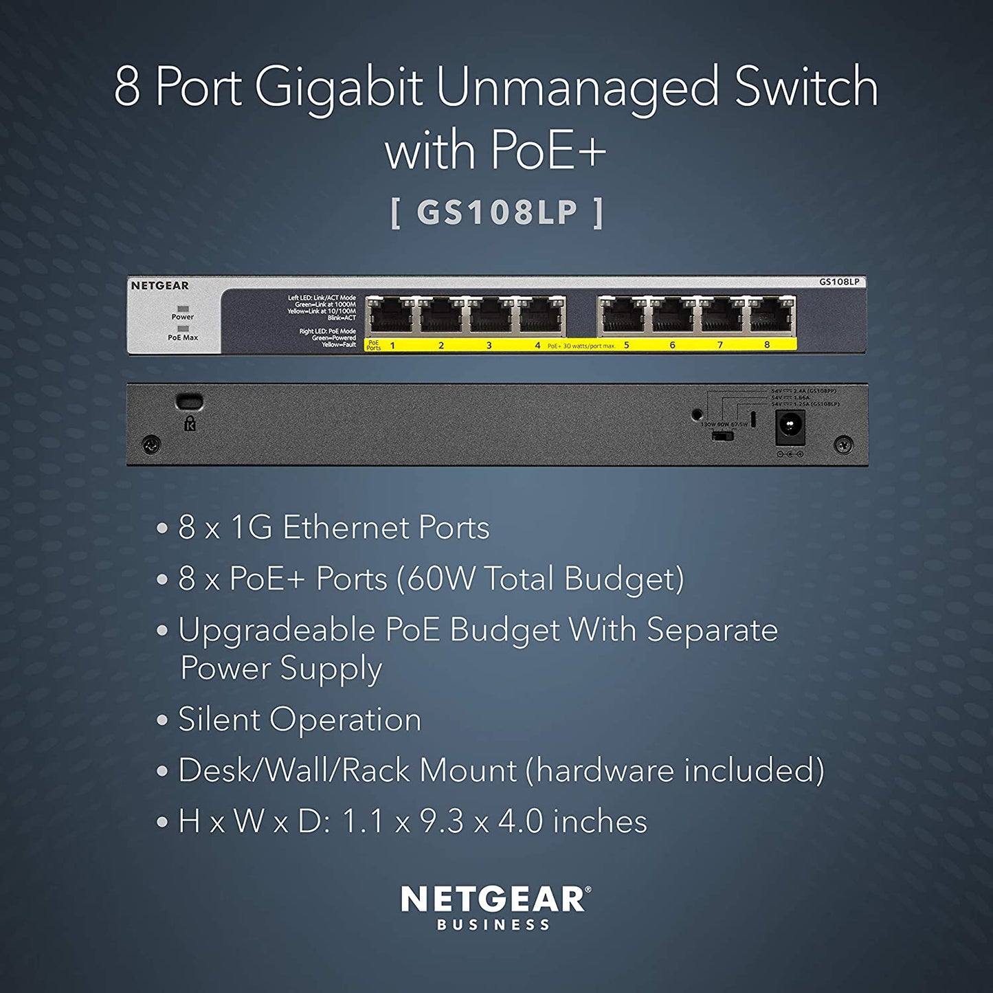 8-Port Gigabit Ethernet Unmanaged PoE Switch - with 8 x PoE+ 60W(GS108LP-100AJS)