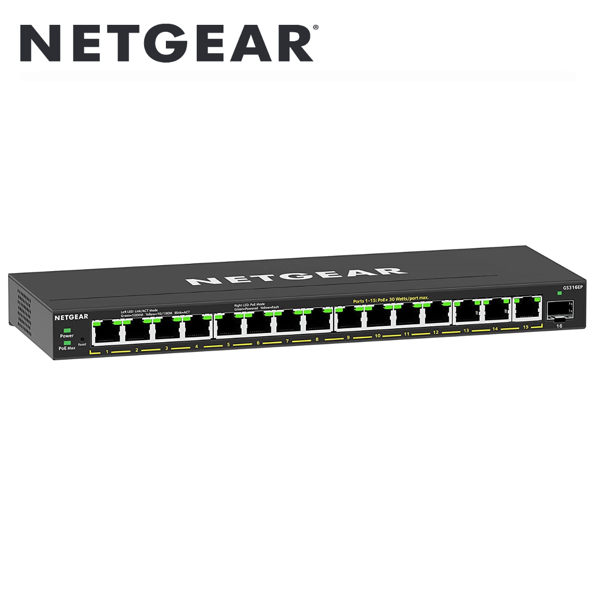 16-Port PoE+ Gigabit Ethernet Plus Switch (180W) with 1 SFP Port(GS316EP-100NAS)